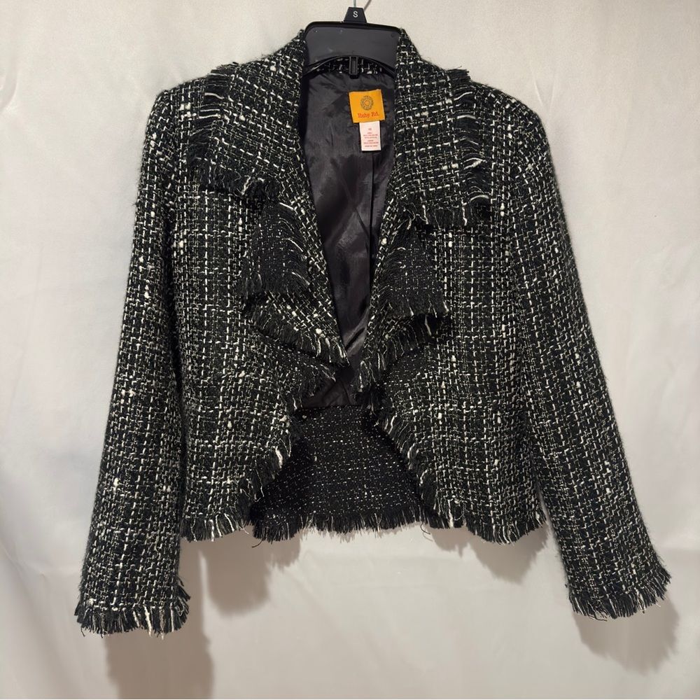 Vintage Tweed Blazer Fringe Hem Peplum Black White Size 10